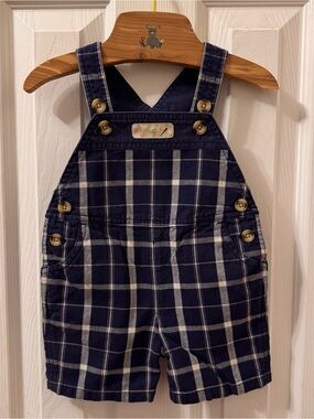 Gymboree Lawn Party Navy Plaid dragonfly frog baby Short Overalls 3-6 months